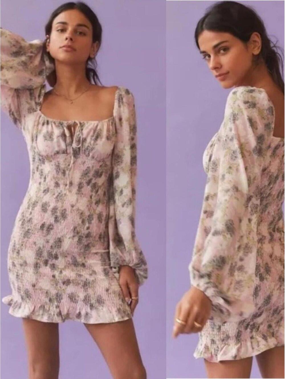 Kiss the Sky Pink Floral Smocked Bodycon Long Puff Sleeve Mini Dress Sz M NWT